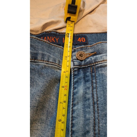 Franky Max Distressed Denim Blue Jeans 38x32 Embroidered Pockets Leather Trim - Picture 10 of 14